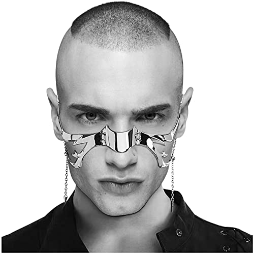 L'VOW Futuristic Y2K Liquid Silver Steel Half Mask Women Men Luxury Irregular Jewelry Face Chain Cyborg Earring Ailen Accessories(Style-1)