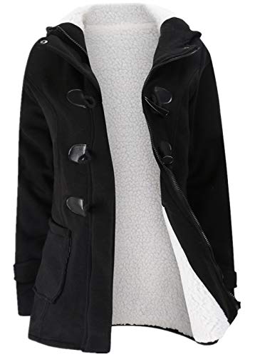 JiangWu Womens Fashion Horn Button Fleece Thicken Coat with Hood Winter Warm Jacket (Medium, Black)