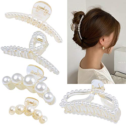 DEEKA 5 Pcs Large Pearl Hair Claw Clips White Black Thick Long Jaw Clips Barrettes Hair Accessories for Women and Girls
