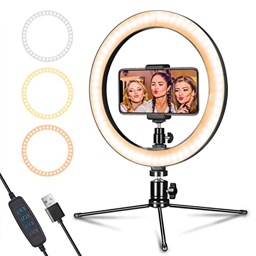 Dimmable Desk Makeup LED Ring Light 10' with Tripod Stand & Phone Holder for Live Streaming & YouTube Video, Photography, Shooting with 3 Light Modes & 10 Brightness Level