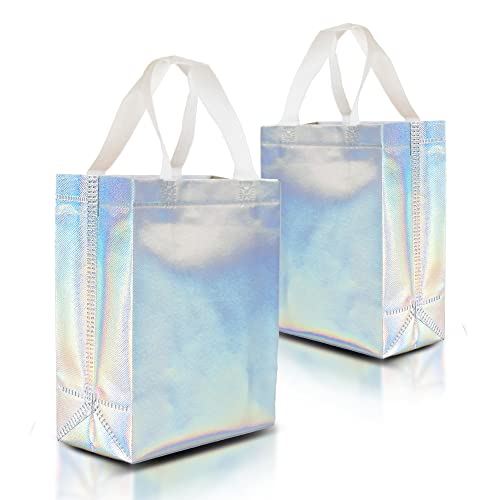 Nush Nush Stunning Iridescent Holographic Gift Bags, Reusable Gift Bags Bulk, Medium Size Gift Bags with Handles, Perfect As Goodie/Birthday Gift Bags, Party Favor Bags, Set of 12, 8Wx4Dx10H Size