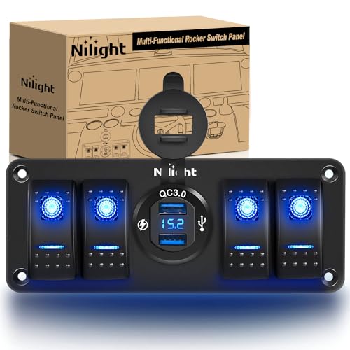 Nilight 4 Gang Rocker Switch Panel with USB Charger Voltmeter Waterproof 12V-24V DC Rocker Switch with QC3.0 Dual USB Charger and Night Glow Stickers for Cars Trucks Boats RV,2 Years Warranty