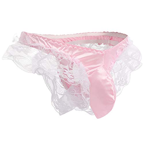 Sexy Men’s Floral Lace Underwear Shiny Satin Sissy Pouch Crossdress G-String Thong Panties Maid Cosplay Lingerie Briefs Bikini Shorts T-back Underpants Waiter Gentleman Thongs Pink + White One Size