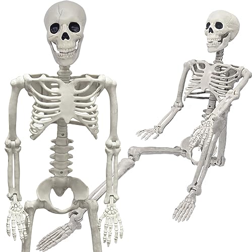 36' Skeleton Halloween Decorations, 3FT Realistic Full Body Movable Posable Joints Skeleton, Creepy Halloween Plastic Skeleton for Graveyard Decorations, Haunted House Props Indoor/Outdoor Decor