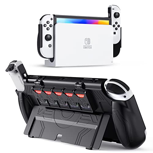 JINGDU Protective Case Compatible with Nintendo Switch OLED 2021, Dockable Cover Accessories for Switch OLED Console and Grip Joy-Con, The Switch Protector with 5 Switch Game Card Slots, Black