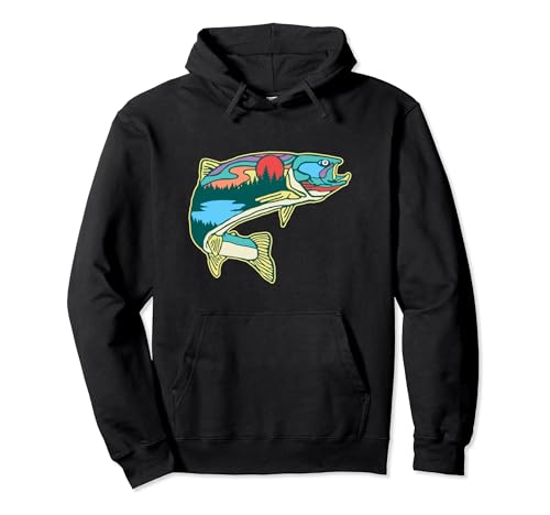 Nature Trout Illustration Vintage Fly Fishing Retro Graphic Pullover Hoodie