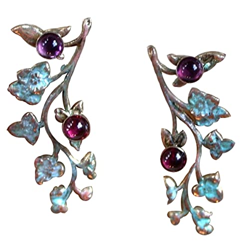 Elaine Coyne Verdigris Patina Brass Floral Vine Earrings with Garnet and Amethyst Made in USA