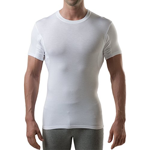 Men's Sweatproof Undershirt | Slim Fit Crew Neck T-Shirt with Underarm Sweat Pads | Aluminum-Free Alternative, White, Large
