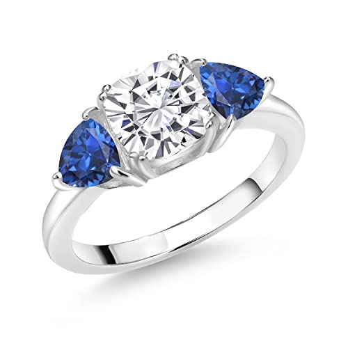 925 Sterling Silver White Moissanite from Charles & Colvard and Blue Created Sapphire 3 Stone Engagement Ring For Women (2.78 Cttw, Gemstone Birthstone, Available In Size 5, 6, 7, 8, 9)