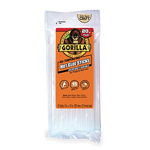 Gorilla Hot Glue Sticks, Full Size, 8' Long x .43' Diameter, 20 Count, Clear, (Pack of 1)