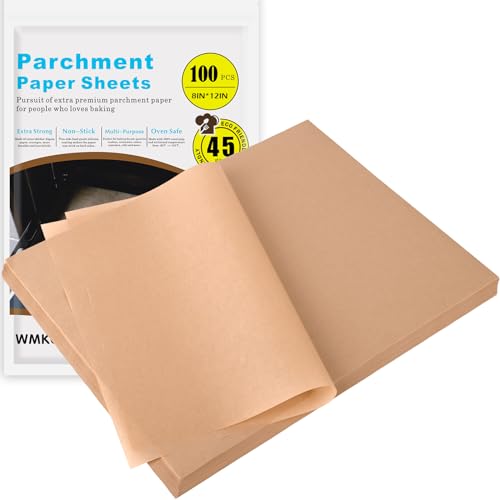 WMKGG 100Pcs Unbleached Parchment Paper for Baking, 8 x 12 Inch Precut Heavy Duty Parchment Paper Sheets for Cooking, Grilling, Air Fryer and Oven