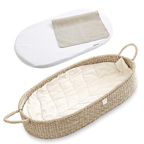 BEBE BASK Premium Baby Changing Basket - Handmade Natural Seagrass Moses Basket - Luxury Leaf Liner - Thick & Waterproof Bamboo Pad - Vegan Leather Baby Changing Mat - Baby Changing Pad