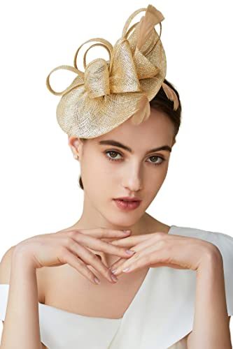 BABEYOND Women's Pillbox Fascinator Hat Kentucky Derby Feather Headband Tea Party Fascinator Hat for Cocktail (B-Gold)