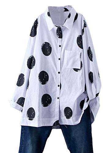 Minibee Women's Button Down Tunic Tops Polka Blouse Cotton Shirts White 2XL