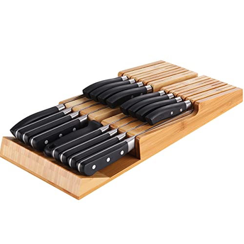 NIUXX Bamboo In-Drawer Knife Block Set for 16 Knives(Not Included), Large Kitchen Detachable Washable Cutlery Slot Organizer Storage Holder for Sharpening Steel and Cutter