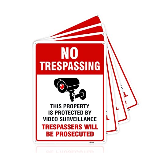 Video Surveillance & No Trespassing Sign Set - 4 Pack, Red & White Aluminum Security Signs, 14x10 inch, with Camera Symbol, Outdoor Use for Home, Business, and Private Property