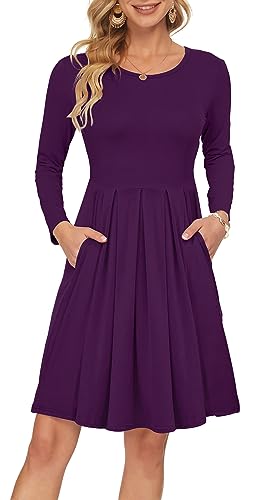 AUSELILY Lady Crewneck Long Sleeve Dresses with Pockets Simple Plain Swing Dress Empire Waist (M, Purple)