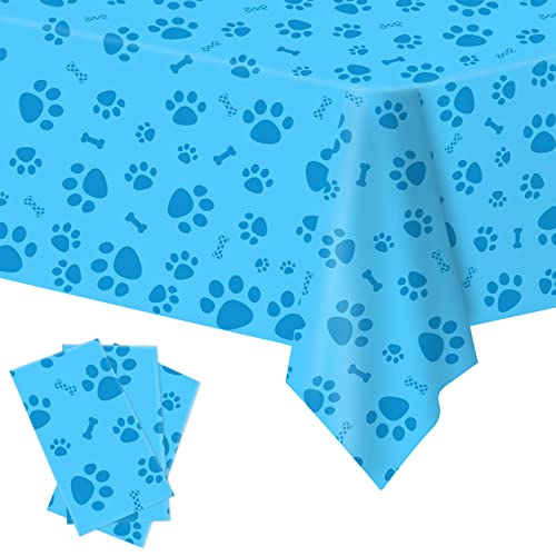 Paw Print Tablecloth, 3 Pack Large Size Plastic 54'x108' Dog Paw Print and Bone Sign Tablecloths, Cute Table Cover for Kids Boy Girl Dog Birthday Party Supplies- Blue