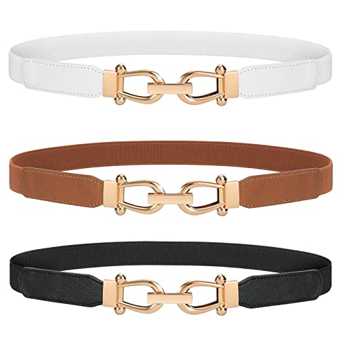 JASGOOD 3 Pack Women Stretchy Waist Belt Retro Elastic Skinny Belt for Ladies with Gold Buckle