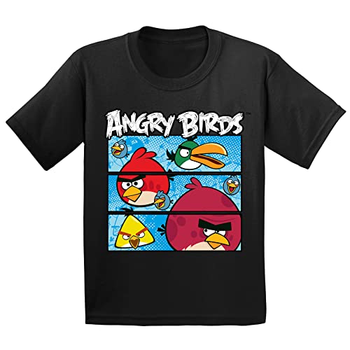 Angry Birds Official Three Comic Panels Printed Short Sleeve 100% Cotton T-Shirt for Boys, Girls, Unisex Black