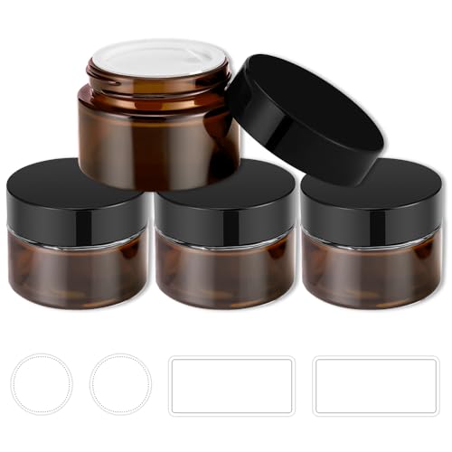 4 Pack 1oz Glass Jars with Lids, Tecohouse Amber Glass Jars with Lids & Stickers, Reusable Empty Round makeup container for Creams, Lotion, Cosmetic