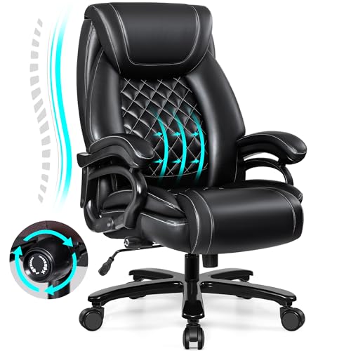 Big and Tall 500lbs Office Chair,Heavy Duty Large PU Leather Executive Desk Chair with Wide Seat, Adjustbale Ergonomic Lumbar Support High Back Rocking Computer Chair for Heavy People (Black)