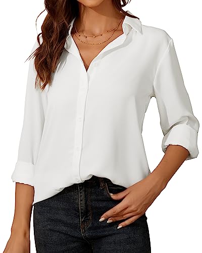 YAMANMAN Womens Button Down Shirt Long Sleeve Classic Collared Tops Work Office Casual Chiffon Blouse White
