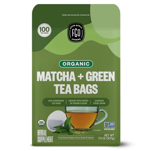 FGO Organic Japanese Matcha + Green Tea, Eco-Conscious Tea Bags, 100 Count, Packaging May Vary (Pack of 1)