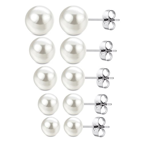 JewelrieShop Faux Pearl Earrings Hypoallergenic Stainless Steel Imitation Stud Pearl Earrings for Women Girls - 5 Pairs (White)