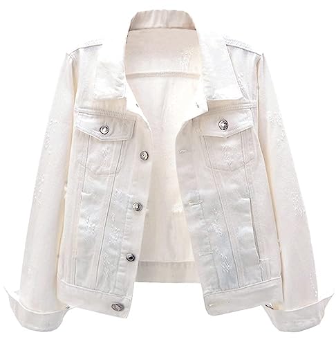 Kedera Fall Outfits for Women 2023 White Jackets Distressed Denim Jacket for Women Classic Trucker Jackets Long Sleeves Button Down Jean Jackets for Women Lightweight Size M Size 8 10