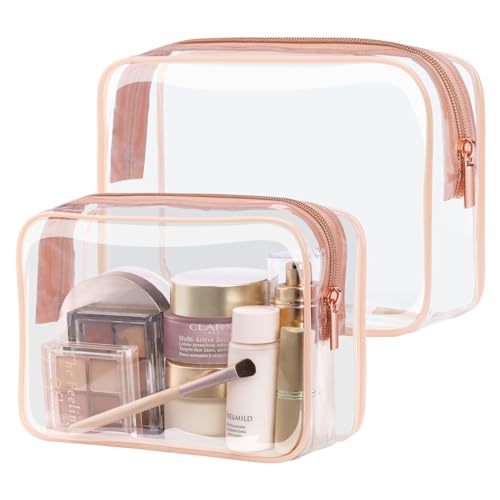 PACKISM TSA Approved Toiletry Bag - Clear Makeup Bags in 2 Size, Durable with Supporting Frame, Perfect for Travel Essentials, Carry-on Airport Airline Compliant Bag, Rose Pink