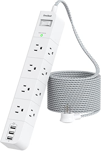 10 ft Extension Cord, Power Strip Surge Protector - 8 Widely AC Outlets 3 USB, Flat Plug, Desktop Charging Station with Overload Protection, Wall Mount for Home, Office, Travel, Computer ETL Listed