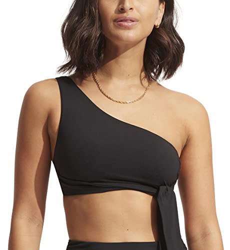 Seafolly Women's One Shoulder Bikini Top Swimsuit Sash Detail, Eco Collective Black, 8