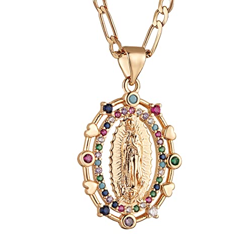 HZMAN 14K Gold Plated Oval Cutout Heart Virgin Mary Prayer Necklace Amulet Our Lady of Guadalupe Pendant Multicolor Cubic Zirconia Women Daughter Gift (Gold)