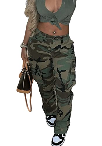 Women's Camo Cargo Pants High Waist Camouflage Casual Long Skinny Joggers with Pockets