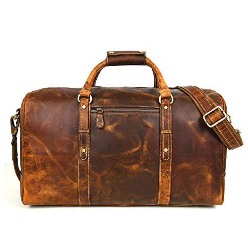 Leather Travel Duffel Bag | Gym Sports Bag Airplane Luggage Carry-On Bag | Gift for Father's Day By Aaron Leather Goods (Caramel) 20 Inch