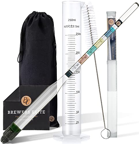 Brewer's Elite Hydrometer & Plastic Test Jar - for Home Brew Beer, Wine, Mead and Kombucha - Deluxe Triple Scale Set, Hardcase and Cloth - Specific Gravity ABV Tester