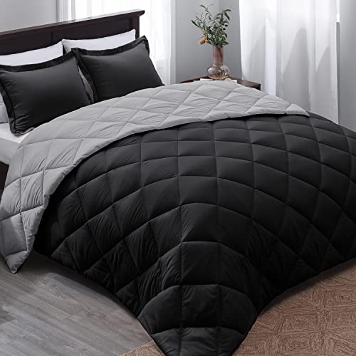 Basic Beyond Queen Comforter Set - Black Comforter Set Queen, Reversible Bed Comforter Queen Set for All Seasons, Black/Grey, 1 Comforter (88'x92') and 2 Pillow Shams (20'x26'+2')