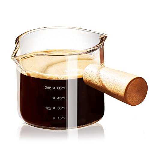 PARACITY Espresso Cups with Wood Handle, Double Spout Glass Measuring Cup with Dual Scale, Espresso Shot Glass with V-Shaped Mouth, Clear Glass Espresso Accessories, Milk Frothing Pitcher 3.5OZ