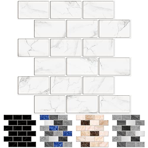 URCOLOR 10-Sheet Peel and Stick Backsplash Tile Sticker for Kitchen,12'x12' Self Adhesive Subway Wall Tiles Stick on Back Splashes for Bathroom White Marble Design