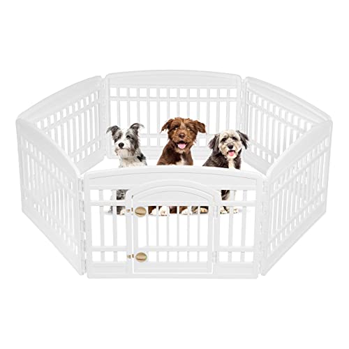 IRIS USA 24' Exercise 6-Panel Pet Playpen with Door, Dog Cat Playpen For Puppy Small Dogs Keep Pets Secure Easy Assemble Easy Storing Customizable Non-Skid Rubber Feet, White