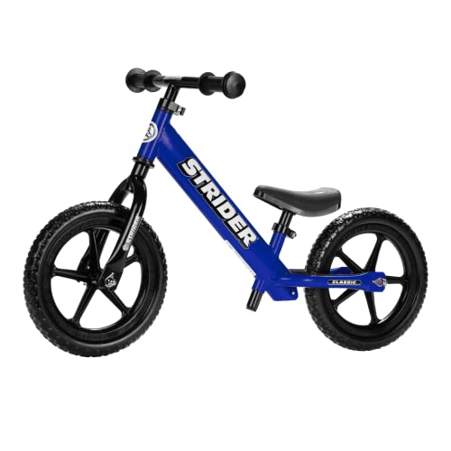 Strider 12” Classic Bike, Blue - No Pedal Balance Bicycle for Kids 18 Months to 3 Years - Includes Built-in Footrest, Handlebar Grips & Flat-Free Tires - Tool Free Adjustments & Assembly