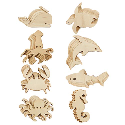 Newbested 48 Pack Unfinished Wooden Ocean Sea Animal Life Cutouts,Octopus,Shark,Whale,Dolphin,Turtle,Crab,Squid,Seahorse Shapes Model for Home Decor Ornament,DIY Craft Art Project(6 PCS/Shape)