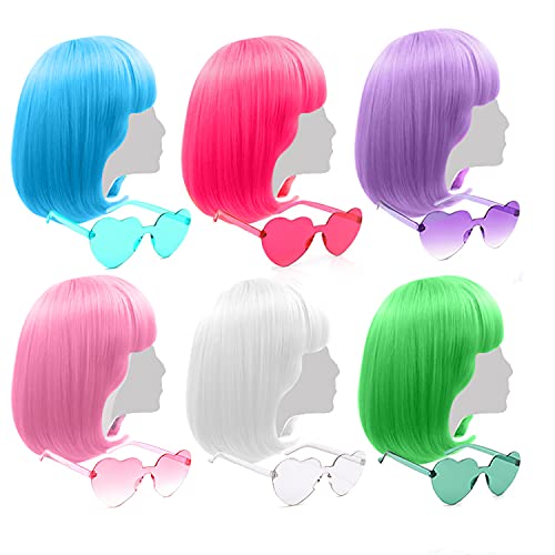 LIULIUBTY Colored Wigs 6 Pack, Short Bob Hair Wigs Neon Colorful Party Wigs with with Rimless Heart Shape Sunglasses for Women Cosplay Costume Bachelorette Party Night Club