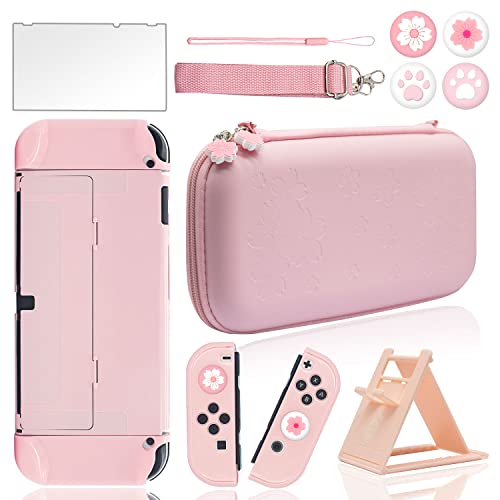 BRHE Cute Travel Carrying Case for Nintendo Switch / Switch OLED Accessories Kit with Hard Protective Cover, Glass Screen Protector, Ultra-Thin Adjustable Stand and Thumb Grip Caps 10 in 1 (OLED Pink)