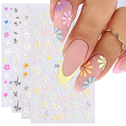 SpexArt Flower Nail Art Stickers 5D Embossed Nail Decals Spring Daisy Nail Art Design Self Adhesive Nail Supplies White Yellow Colorful Flower Nail Stickers for Women Nail Decoration