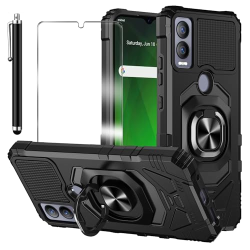 for Cricket Magic 5G Case, with Tempered Glass Screen Protector Heavy Duty Protection Technology Built-in Kickstand Rugged Shockproof Protective Phone Case for Cricket Magic 5G, (Black)