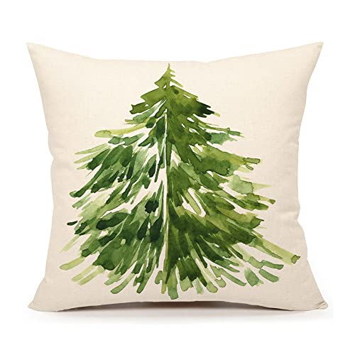 4TH Emotion Watercolor Christmas Tree Throw Pillow Cover Cushion Case for Home Decor Sofa Couch 18' x 18' Inch Linen Farmhouse Christmas Decorations
