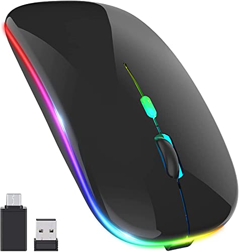 LED Wireless Mouse, Rechargeable Slim Silent Mouse 2.4G Portable Mobile Optical Office Mouse with USB & Type-c Receiver, 3 Adjustable DPI for Notebook, PC, Laptop, Computer, Desktop (Black)