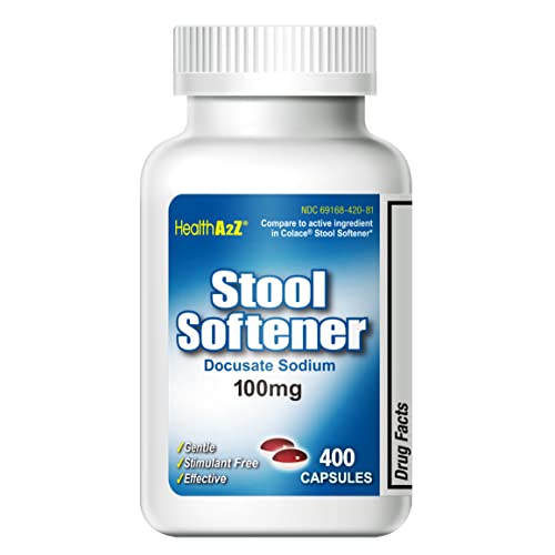 HealthA2Z Stool Softener | Docusate Sodium 100mg | Red & White Capsules | Dependable | Gentle Constipation Relief (400 Counts)